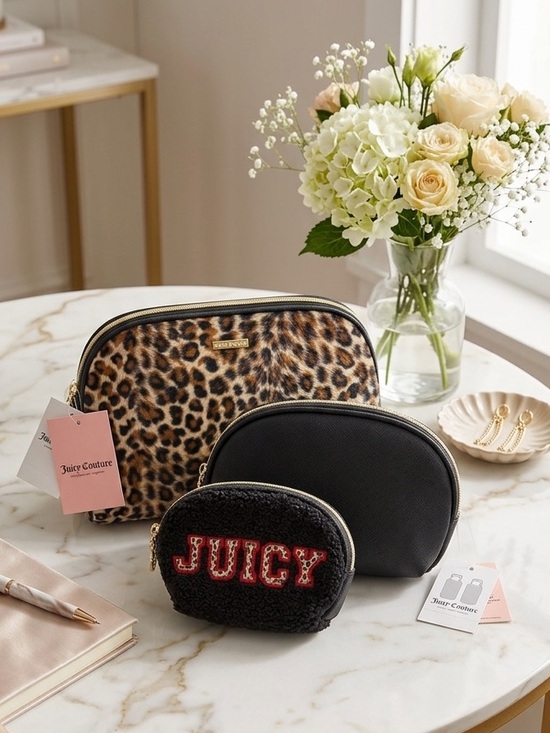 Juicy Couture Handbags - Juicy Couture Set Of 3 Black & Leopard Travel Make Up Toiletry Cosmetic Bags NWT